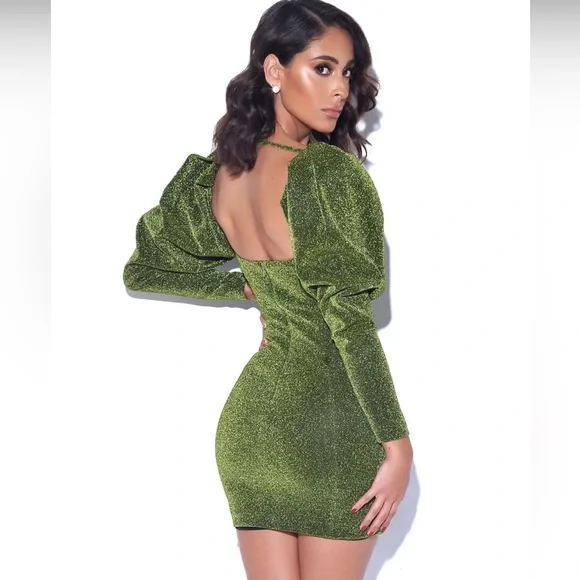 Miss circle Green Metallic Puffed Shoulder Sleeve Mini Dress - Picture 3 of 6